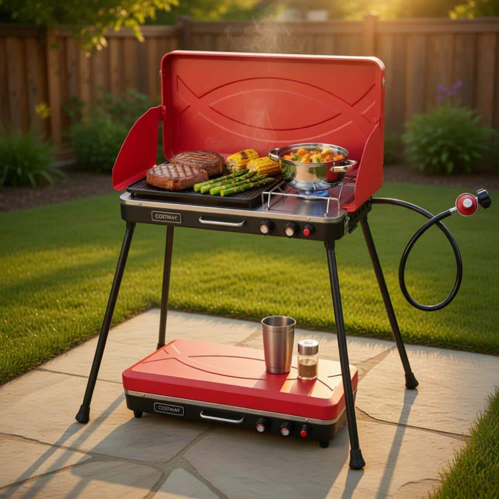 2-in-1 Portable Gas Grill & Stove, 10,000 BTU Dual Burner