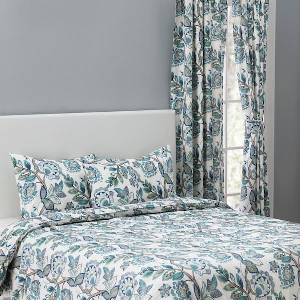 Ellis Curtain Wynette 3-Piece Blue Floral Cotton Queen Comforter Set