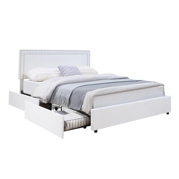 Platform Bed Frame White Metal Frame Full Size Platform Bed with 4-Storage Drawers, Upholstered Bed with Headboard
