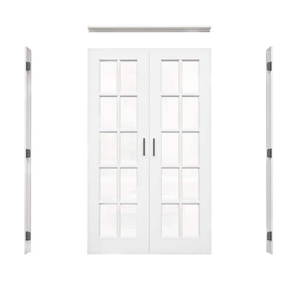 48 in. x 80 in. 10-Lite Clear Glass Universal Solid Core Glass Double Prehung French Door+ Separate Jamb&Ball Catch