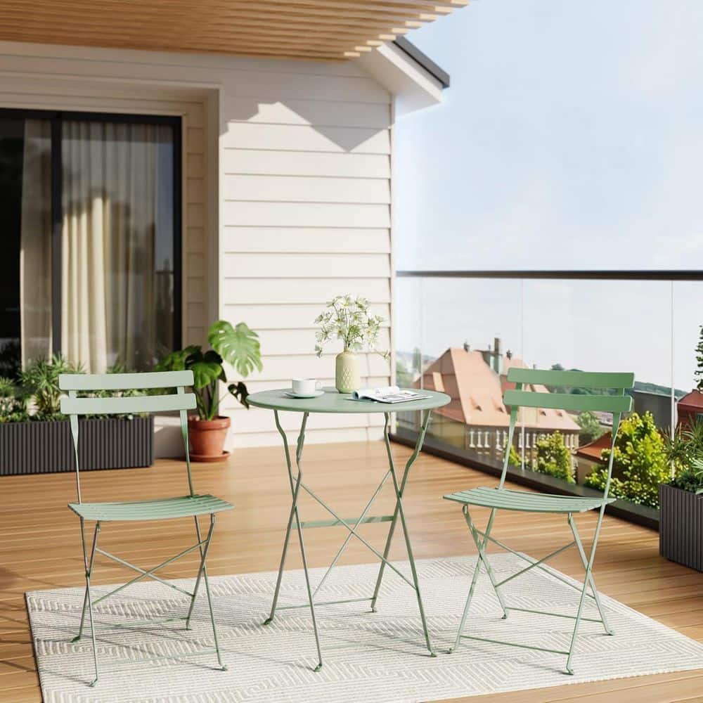 3 Piece Green Metal Patio Bistro Set with Folding Table and 2 Chairs for Backyard, Balcony, Porch, Garden price history on PriceWatchPro