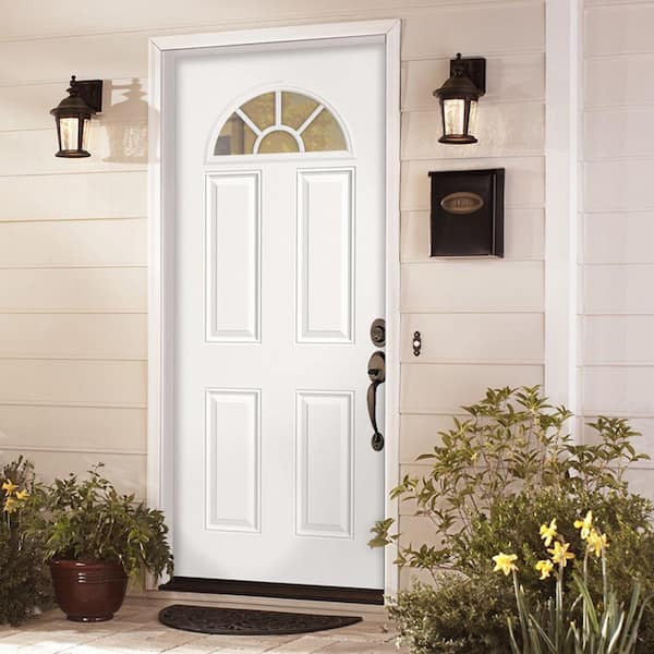 Premium Fan Lite Primed Steel Prehung Front Door with No Brickmold