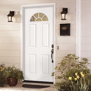 Premium Fan Lite Primed Steel Prehung Front Door with Brickmold