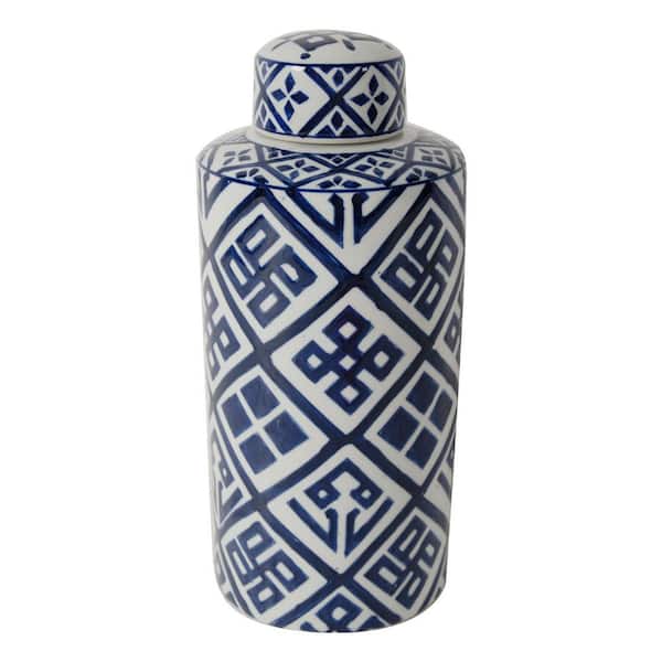 13.8 in. White Blue Ceramic Decorative Jar with Lid, Tabletop Accent Vase