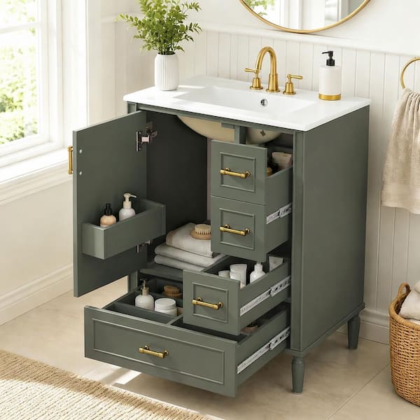Virubi 24 in. W Olive Green Bath Vanity with White Ceramic Top, 3
