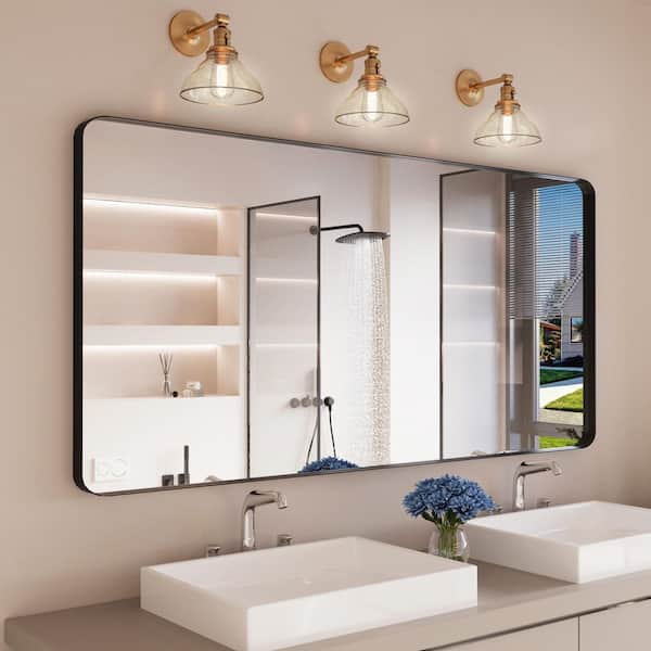 59 in. W x 28 in. H Rectangular Rounded corner Aluminum Framed Wall Mounted Bathroom Vanity Mirror in Black