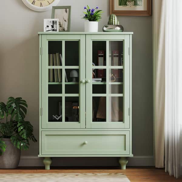 Boosicavelly Green Particle Board 27.95 in. Storage Sideboard with Double Glass Doors and Drawer