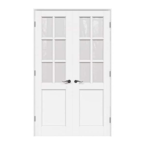 48 in. x 80 in. 6-Lite Frosted Glass Universe White Solid Core Wood Double Prehung French Door+ Quick Assemble Jamb