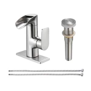 Single Handle Single Hole Low Arc Bathroom Faucet With Metal Pop Up Drain Assembly Swivel Sink Faucet in Brushed Nickel