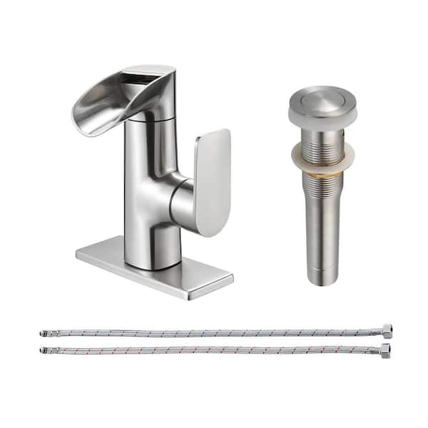 Heemli Single Handle Single Hole Low Arc Bathroom Faucet With Metal Pop Up Drain Assembly Swivel Sink Faucet in Brushed Nickel