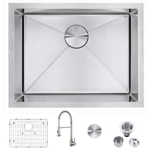 All-in-One Gray 18-Gauge Stainless Steel 23 in. Single Bowl Undermount Kitchen Sink with Bottom Grid