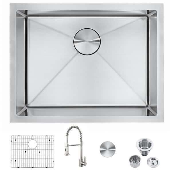 HOMEMYSTIQUE All-in-One Gray 18-Gauge Stainless Steel 23 in. Single Bowl Undermount Kitchen Sink with Bottom Grid