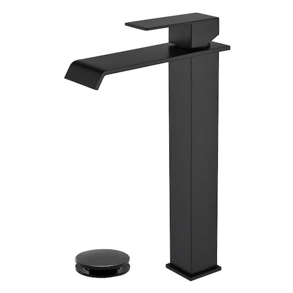 FLG Single Handle Bathroom Vessel Sink Faucet with Pop-Up Drain Kit Waterfall Stainless Steel High Tall Taps in Matte Black