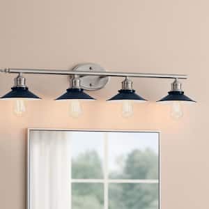 Glenhurst 34 in. 4-Light Industrial Farmhouse Cobalt and Brushed Nickel Bathroom Vanity Light Fixture with Metal Shades