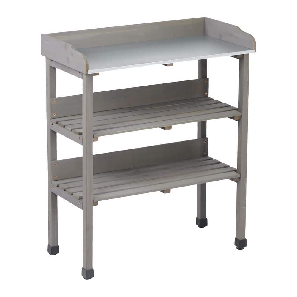 30 in. W x 35 in. H Grey Solid Wood Potting Table, Outdoor Workstation with Metal Tabletop and Open Shelves price history on PriceWatchPro