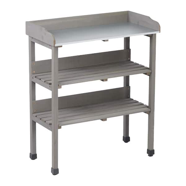 30 in. W x 35 in. H Grey Solid Wood Potting Table, Outdoor Workstation with Metal Tabletop and Open Shelves