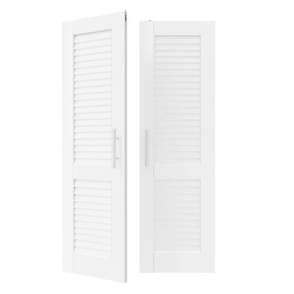 56in. x 80in. Solid Wood & MDF, Louvered Panel, White Primed, Pantry Door Interior Door Slab With Ball Catch & Top Latch