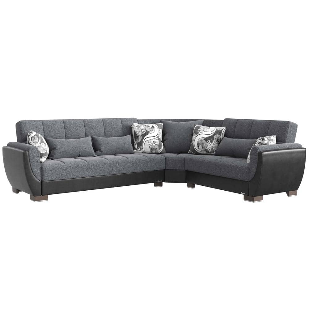 Basics Air Collection 3-Piece 108.7 in. Polyester Convertible Sofa Bed Sectional 6-Seater With Storage, Grey/Black -  Ottomanson, BSC-AIR-105-SEC