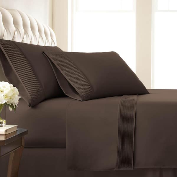 Southshore Fine Linens Vilano Pleated 21 in. Extra-Deep Pocket 5-Piece Brown Split King Microfiber Sheet Set