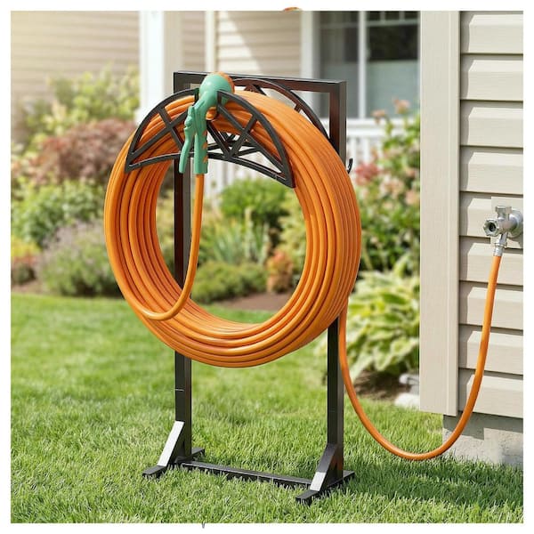 Garden Hose Holder for Outside, Heavy-Duty Freestanding Metal Stand with Stable Base and 2 Tool Hooks, Holds 150 ft, Bla