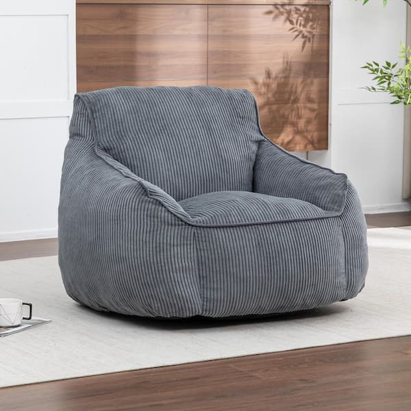 Gray Corduroy Bean Bag Chair with Backrest and Armrests, Adult Floor Sofa Chair for Bedroom or Living Room