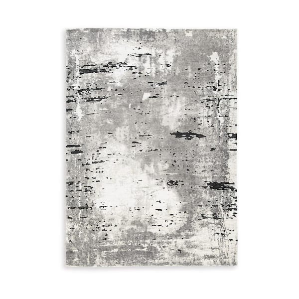 Benjara Leya Gray, White and Black 5 ft. x 7 ft. Geometric Area Rug