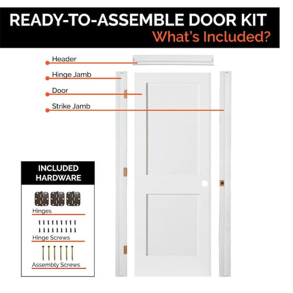 DIY RTA Kit 30 in. x 80 in. Shaker 2-Panel Right-Hand Primed Solid Core MDF Wood Single Ready To Assemble Interior Door