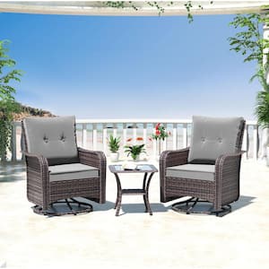 3-Piece Wicker Swivel Outdoor Rocking Chairs with Coffee Table and Cushion Grey