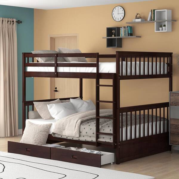 ANBAZAR Espresso Full-Over-Full Bunk Bed with 2-Storage Drawers