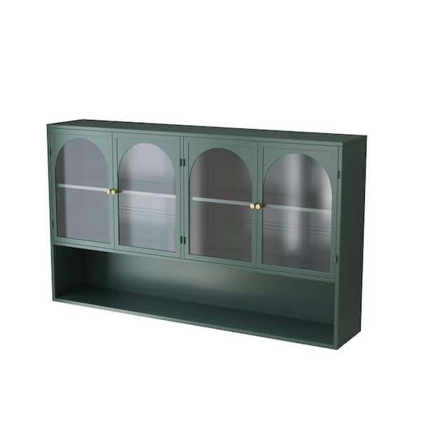 47.25 in. W x 9 in. D x 27.5 in. H Dark Green 4r-door Glass Bathroom Storage Wall Cabinet for Kitchen, Living Room