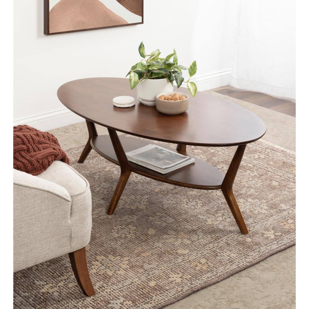 Walnut Brown Mid-Century Modern Oval Coffee Table with Storage