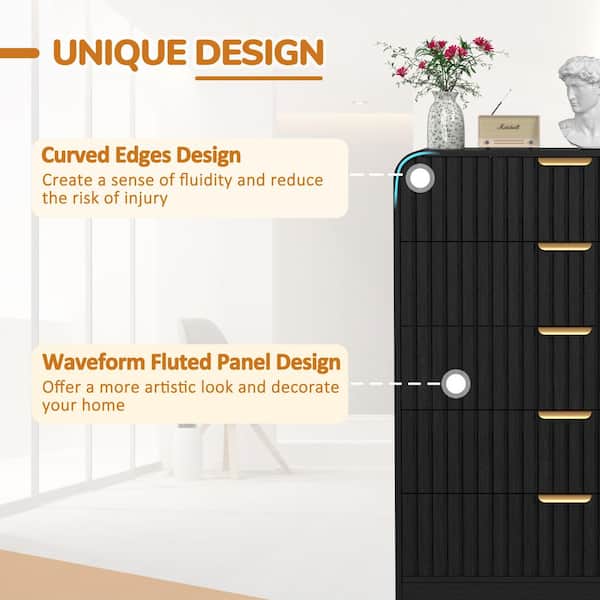 Black 5-Drawer 31.5 in. W MDF Rounded Corner Dressers Chest of Drawers with Metal Handles