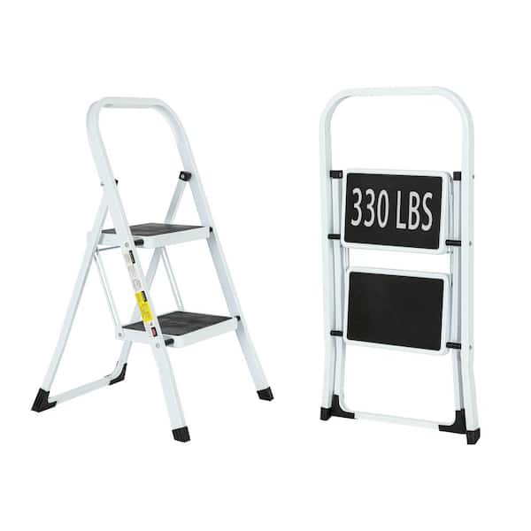 maocao hoom 2.5 ft. Reach Hight 2-Step Iron Ladder Foldable Non-Slip Ladder Loading 330 lbs. for Home, Kitchen, Office, White