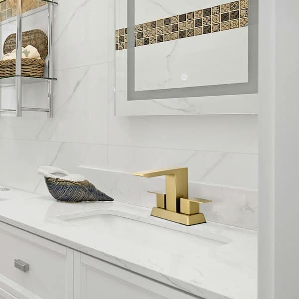 304 stainless steel 4 in. Centerset Double Handle Bathroom Faucet with Drain Kit Included in Gold