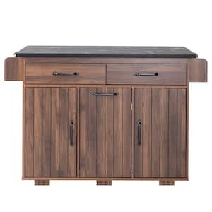 51.06 in. Walnut Brown Eco-Friendly P2 Panel Large Kitchen Island with Electrical Outlet, Drop Down Blade and Drawers