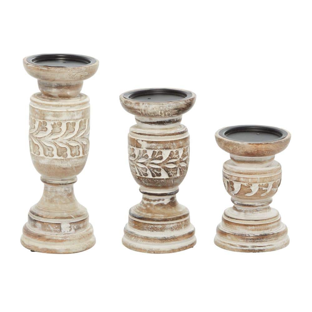 Rustic Whitewashed Wood Carved Candle Holders, Set of 3