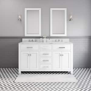 Madison 60 in. Vanity in Modern White with Marble Vanity Top in Carrara White and Matching Mirror