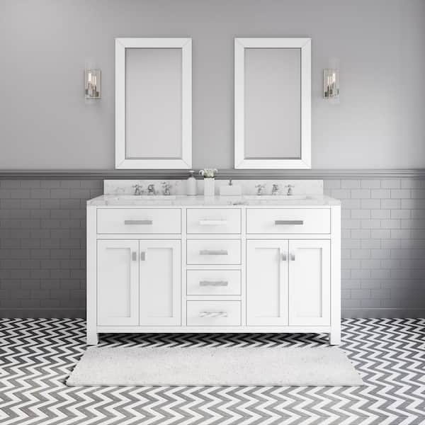 Water Creation Madison 60 in. W x 21.5 in. D x 34 in. H Double Sink Bath Vanity in Pure White with Carrara White Marble Top and Mirrors