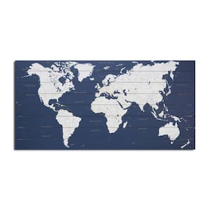 World Map Dark Blue Planked Wood Map Travel Art Print 25 in. x 50 in.