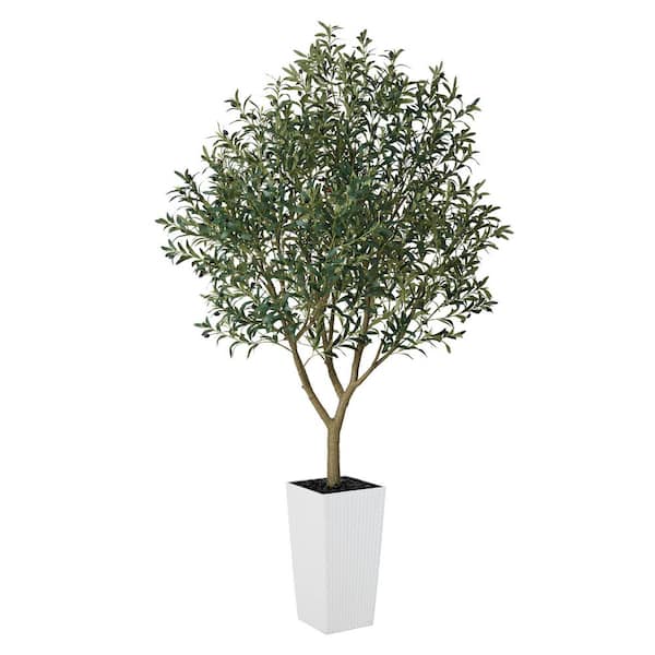 8 ft. Artificial Olive Tree Indoor/Outdoor w/ White Planter - UV-Resistant Faux Plants for Home Office Living Room Decor