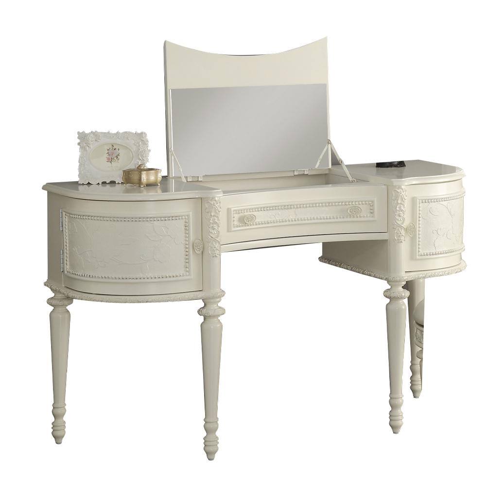 Ivory Pine Wood Vanity Desk with Mirror and Floral Trim