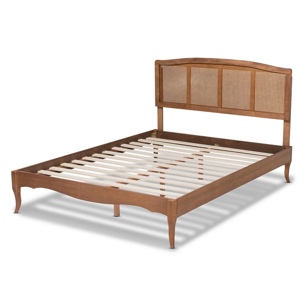 Marieke Vintage Chic Walnut Brown Queen Bed with Woven Rattan Headboard
