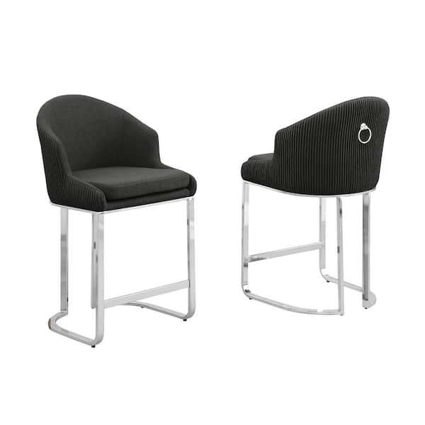 Best Quality Furniture Rodrigo 29 in. Black Low Back Metal Frame Chrome Iron Legs Bar Stool With Teddy Fabric Set of 2