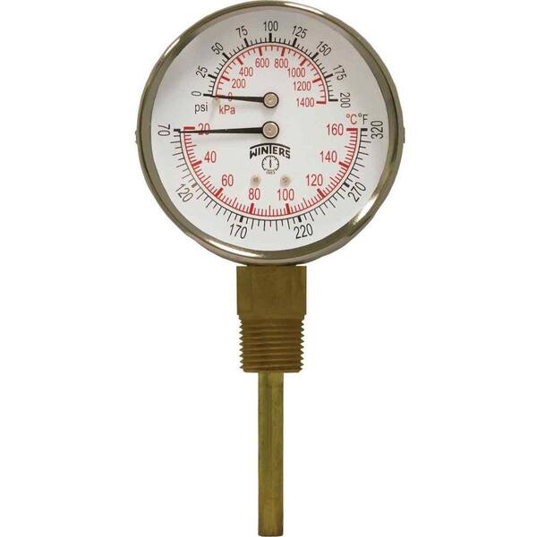 Winters Instruments TTD Series 3 in. Steel Case Tridicator with 1/2 in. NPT Bottom Connect and Range of 0-200 psi/kPa and 70-320 Degrees F/C