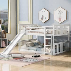 White Full Over Full Kids Bunk Bed with Slide and Ladder, Solid Wood Floor Bunk Bed Frame with Headboard and Footbaord