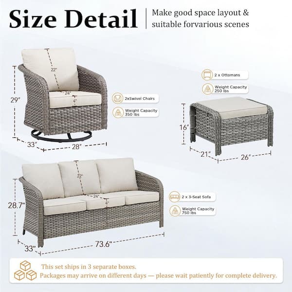 NestBarrel Light Gray Wicker Swivel Chair Patio Conversation Set with Olefin Beige 4 in. Thick Cushions (6-Piece)