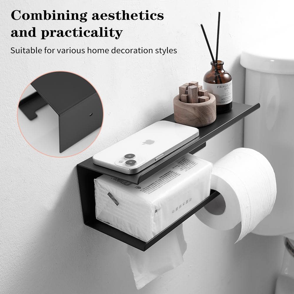 Matte Black Stainless Steel Wall Mounted Toilet Paper Holder with Shelf