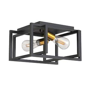 12 in. 2-Light Black and Gold Flush Mount Industrial Vintage Iron Square Ceiling Light, E26 Base, No Bulbs Included