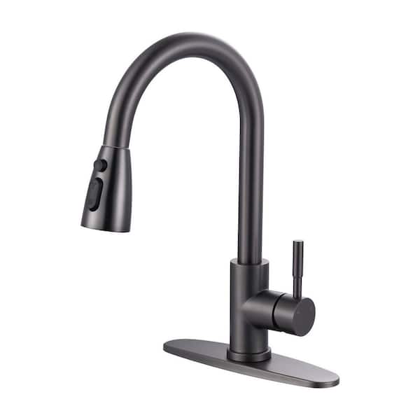 15 in. Deck-Mount Single-Handle 360-Degree Pull-Down Sprayer Kitchen Faucet in Black Stainless Steel