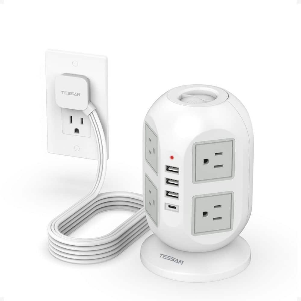 Vertical Power Strip with USB-C Charging - 10 ft. Flat Cord - Gray and White